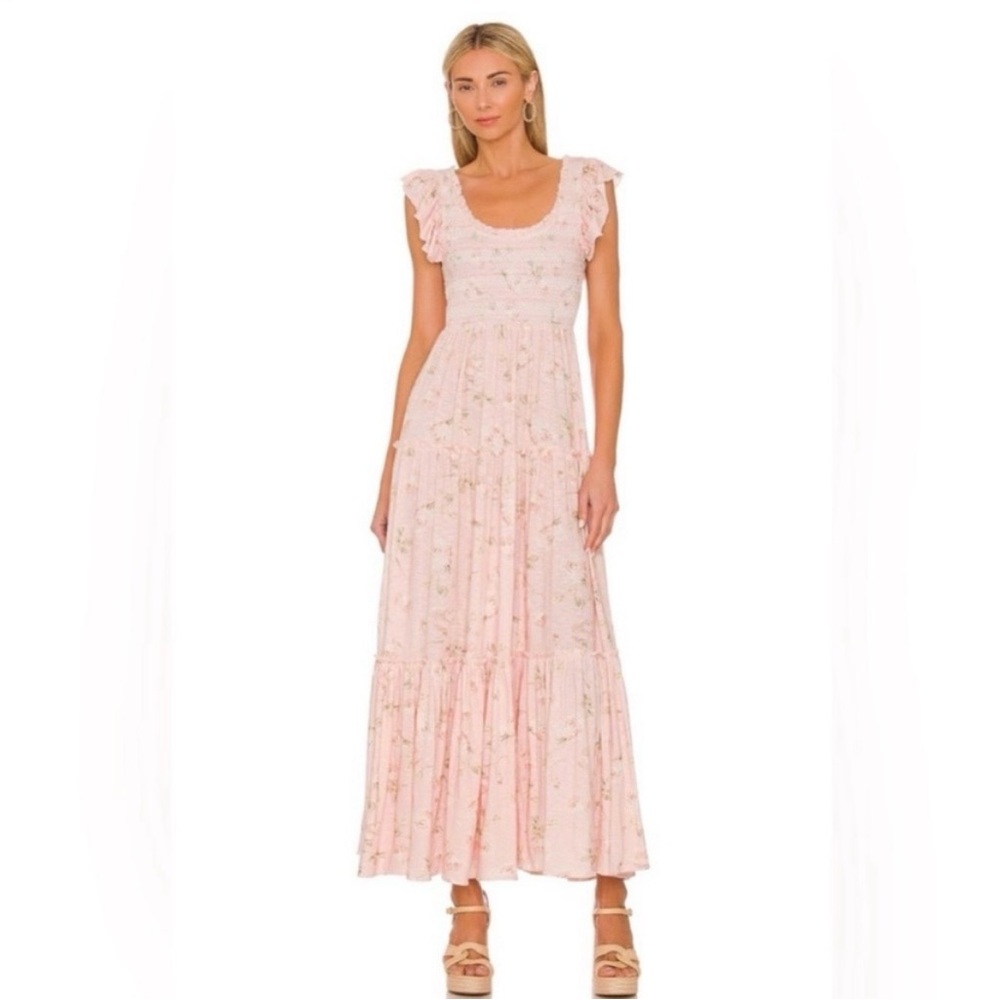 LoveShackFancy Women's "Chessie" Ballet Pink Floral Smocked Maxi Dress (Size S)
